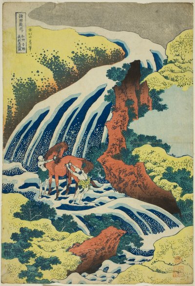 Yoshitsune’s Horse-Washing Falls v Yoshino v provincii Yamato (Washū Yoshino Yoshitsune uma arai no taki), ze série Tour of the Waterfalls in Various Provins (Shokoku taki meguri) od Katsushika Hokusai