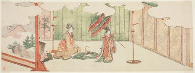 Mladá dívka tančí na šlechtickém sídle od Katsushika Hokusai