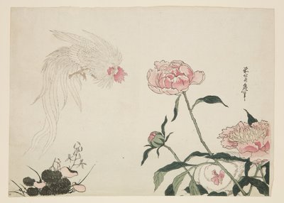 Kohouti s dlouhým ocasem mezi květinami (barevný dřevotisk) od Katsushika II (fl.1820 50) Taito
