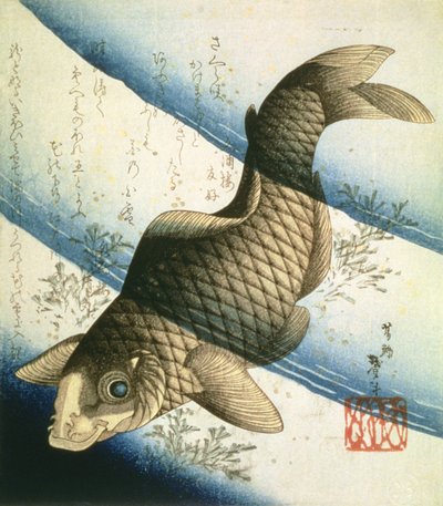 A Carp Swimming Between Waterweeds, cca 1832 (inkoust) od Katsushika II Taito