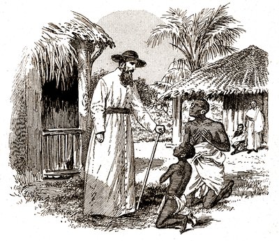 Katolický misionář v Africe praktikující konverzi na dítěti a jeho otci, kolem roku 1900 (rytina) od 