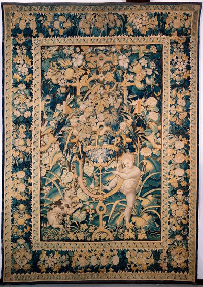 Wandteppich. Enghien. Junge, der einem wilden Tier gegenübersteht (Bambin taquinant un jeune fauve, De knaap met het jonge wilde dier). 363 cm x 259 cm. Ein Junge oder Putto, der ein wildes Tier, vielleicht einen Leoparden, mit einer Birne an einem Stock n von 