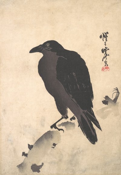 Vrána odpočívá na dřevěném kmeni, polovina konce 19. století. od Kawanabe Kyosai