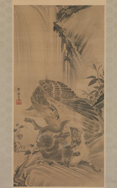 Orel útočí na horského lva, 1885. od Kawanabe Kyosai