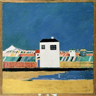 Krajina s Bílým domem. Malba Kazimira Severinoviče Maleviče (Malevich, Malevic) (1878-1935), olej na plátně, kolem roku 1930. Ruské umění, 20. století, avantgarda, suprematismus, konstruktivismus. Státní ruské muzeum, od Kazimir Severinovich Malevich