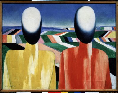 Rolníci (Sedláci). Dvě hlavy bez tváře před krajinou obdělávaných polí. Malba Kazimira Severinoviče Maleviče (Malevich, Malevic) (1878-1935), olej na plátně, kolem roku 1930. Ruské umění, avantgarda, 20. století, suprematismus. Státní ruská múza od Kazimir Severinovich Malevich