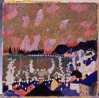 Městečko. Obraz Kazimira Severinoviče Maleviče (Malevich, Malevic) (1878-1935), olej na kartonu od Kazimir Severinovich Malevich
