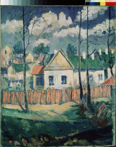 Jaro. Krajina s malým domem. (Jaro. Krajina s domečkem). obraz Kasimira Severinoviče Maleviče (Malevich, Malevic) (1878-1935), olej na plátně od Kazimir Severinovich Malevich