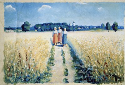 Trois femmes sur la route (Tři ženy na cestě). Bosé selské ženy v tradičním oděvu, procházky mezi obdělávanými poli, uprostřed léta, období zemědělských sklizní. Obraz Kazimira Severinoviče Maleviče (Malevich, Malevic) (1878-1 od Kazimir Severinovich Malevich
