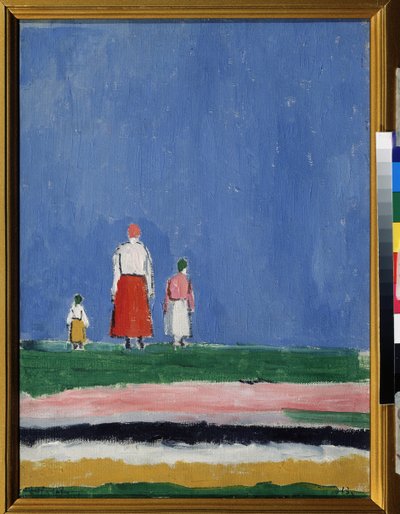 Three Figures (Three Figures). Matka se dvěma dětmi, zastoupená zezadu. Malba Kazimira Severinoviče Maleviče (Malevič, Malevič) (1878-1935), olej na plátně 1913 nebo po roce 1927. Ruské umění, avantgarda 20. století, suprematismus. Sbírka p od Kazimir Severinovich Malevich