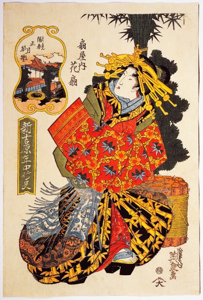 Kurtizána Hanaogi z domu Ogiya na jarní přehlídce kurtizán, kolem roku 1830, umělecký tisk ukiyo-e od Keisai Eisena (1790-1848), dřevoryt Oban tate-e, 38,5 x 25. 7 cm, japonská civilizace, období Edo od Keisai Eisen