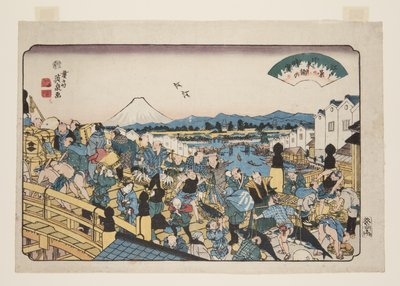 Clearing Weather at Nihonbashi (Nihonbashi no seiran) (barevný dřevotisk) od Keisai Eisen