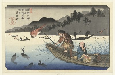 Aalscholvervissersboten op de Nagae rivier te Kawado Kawado Nagaegawa ukaibune (název na objektu) De Stations van de Kisokaido (název série) Kisoji eki (název série na objektu) od Keisai Eisen