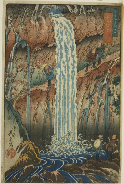 Vodopád s výhledem dozadu, jeden ze tří vodopádů (Urami-ga-taki, santaki no sono ikkei), ze série "Slavná vyhlídková místa v horách Nikko (Nikkosan meisho no uchi)". od Keisai Eisen