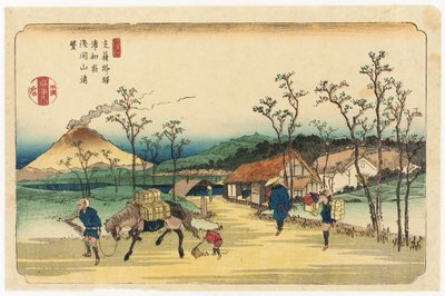 Vzdálený pohled na Mount Asama ze stanice Urawa, stanice 4 ze série "Stytations of the Kiso Road" od Keisai Eisen