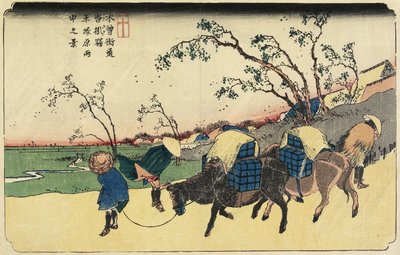 Č. 20: Pohled na Hiratsukaharu v dešti poblíž stanice Kustukake, 1830-1844 od Keisai Eisen