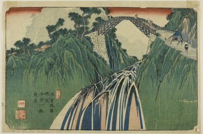 Č. 41: Pohled z dálky na most přes řeku Inu v Nojiri (Yonjuichi: Noriji Inagawabashi enkei), ze série "[Sixty-nine Stations of the] Kisokaido". od Keisai Eisen
