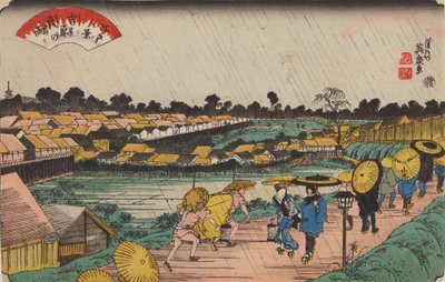 Noční déšť v Jošiwaře / Yoshiwara-no yoru-no ame, ze série: Osm pohledů na Edo / Edo hakkei od Keisai Eisen