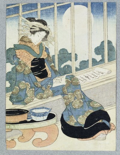 Japonská dáma Reading by Moonlight (dřevěný tisk) od Keisai Yeisen