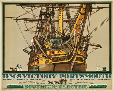 H.M.S. Victory, Portsmouth, reklamní plakát Southern Electric Railways (barevné lito) od Kenneth Shoesmith