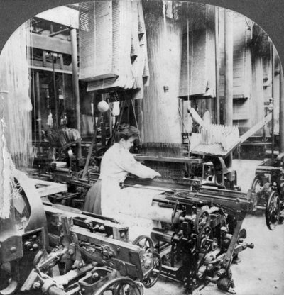Tkaní lněné látky, Montreal, Kanada, začátek 20. století od Keystone View Company