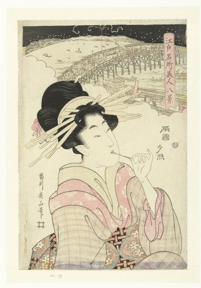 Večerní záře v Rjogoku Ryogoku no sekisho (název na objektu) Osm tváří slavných míst a krás v Edu (název série) Edo meisho bijin hakkei (název série) od Kikugawa Eizan