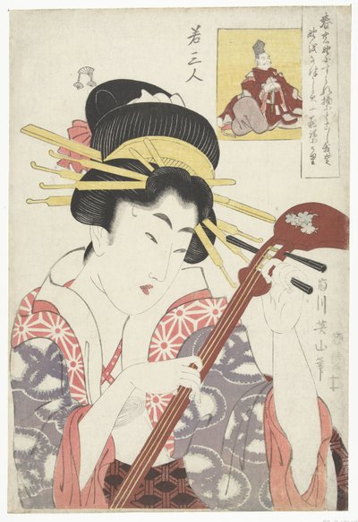 Žena s shamisen Tři mladí básníci (název série) Waka sanjin (název série na objektu) od Kikugawa Eizan