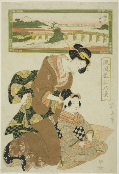 Evening Glow at Seta (Seta sekisho), ze série "Módních osm pohledů na Omi (Furyu Omi hakkei)" od Kikukawa Eizan