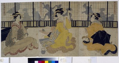 Festival tří krás. (Svátek tří krásek). Skupina tří kurtizán (gejša, geiko) z období Edo nebo období Tokugawa (1600-1868) v čajovně (ochaya). Dílo Kikukawa Eizana (1787-1867), dřevoryt (tisk) 1814. Umění i od Kikukawa Eizan