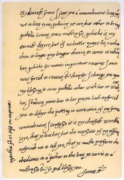 Dopis Jakuba I. jeho synovi Charlesovi, princi z Walesu, 10. srpna 1623. od King James I