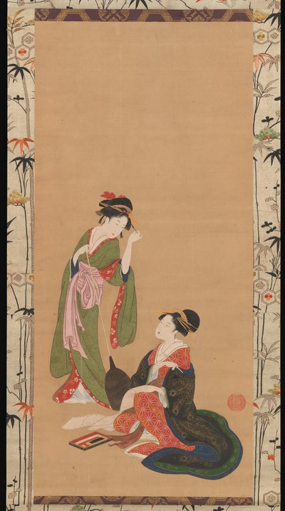 Kurtizány parodující Kanzan a Jittoku, konec 18.-začátek 19. století. od Kinpusha Toyomaro
