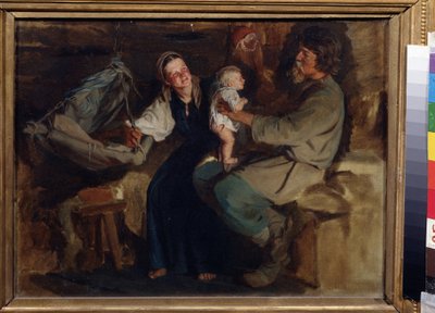 Joie parentale (Parental Joy). Dans un interieur modeste, un couple de paysans, le pere assis, tient son bebe a moitie nu, debout en equilibre sur ses genoux, a leurs cotes, la mere sourit et tient le berceau suspendu. Peinture de Kirill (Karl) Vikentlevic od Kirill Vikentievich Lemoch
