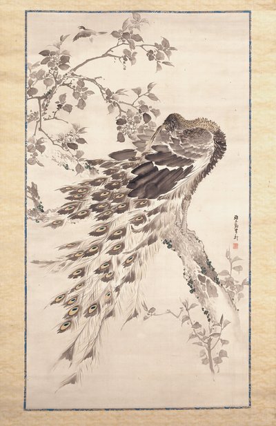 Peacock On Cherry-Apple Tree (inkoust a barva na hedvábí) od Kishi Ganku