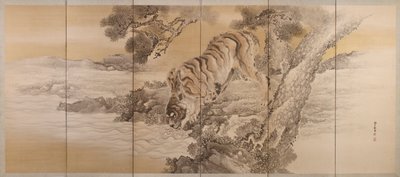 Šestinásobná obrazovka zobrazující pijícího tygra, 1749-1838 od Kishi Ganku