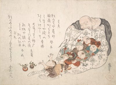 Hotei otevírá tašku, která je plná malých chlapců, ca. počátku 19. století. od Kita Busei