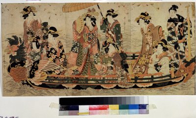 Obdivujte třešňové květy (Hanami) (Cherry Blossom Viewing, Hanami). Tisk Kitagawa Utamaro II (?-1831). Barevný lept, 37 x 76 cm. východní umění. Puškinovo muzeum, Moskva od Kitagawa II Utamaro