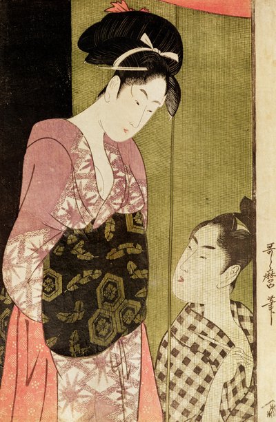 Muž maluje ženu (dřevotisk) od Kitagawa Utamaro