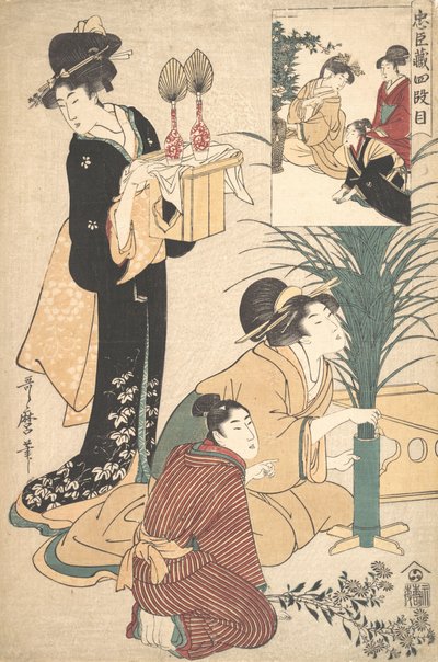 Žena a muž aranžující květiny pro festival Měsíce Tsukimi, 1802. od Kitagawa Utamaro