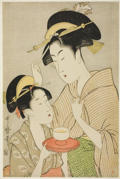 Mladá dívka nabízí čaj jiné ženě od Kitagawa Utamaro