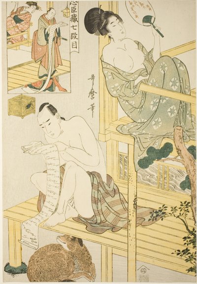 Sedmé dějství, ze série "Pokladnice věrných zadržovatelů (Chushingura) (Shichi-damme)" od Kitagawa Utamaro