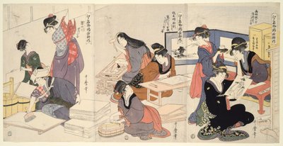 Umělec, řezbář, aplikace velikosti (Eshi, hangashi, dosa-biki), ze série Pěstování brokátových tisků, slavný produkt Edo (Edo meibutsu nishiki-e kosaku) od Kitagawa Utamaro