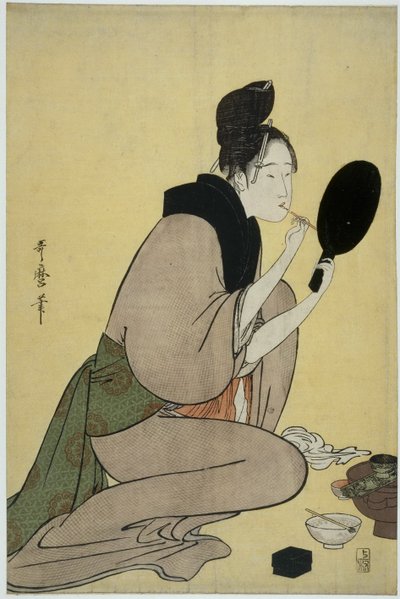 Bijin-ga. Dívka použití make-upu na její rty od Kitagawa Utamaro