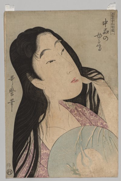 Busta ženy s vějířem držícím rozpuštěné vlasy, 1753-1806. od Kitagawa Utamaro