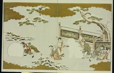 Děti dělají sněhovou shishi a koulejí sněhovou kouli, ze "The Silver World" od Kitagawa Utamaro