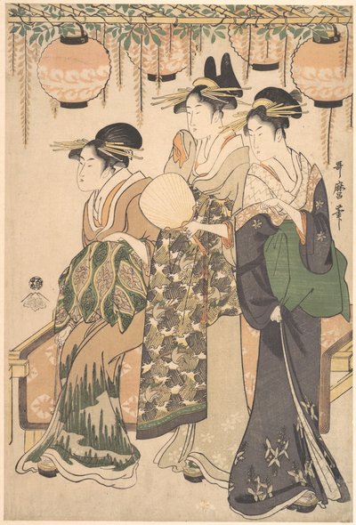 Kurtizány pod pergolou s vistáriemi od Kitagawa Utamaro