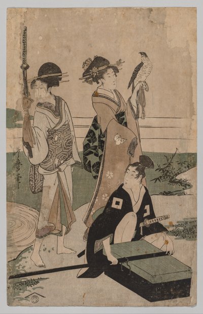 Daimyō a jeho družina překračující potok v rovině poblíž Fuji od Kitagawa Utamaro