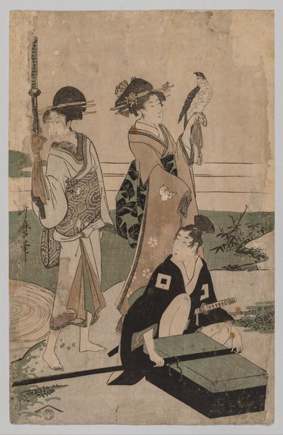 Daimyō a jeho družina překračující potok v rovině poblíž Fuji od Kitagawa Utamaro
