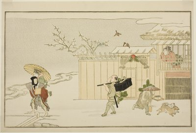 Rozdávání novoročních dárků ve sněhu z ilustrované antologie kyoky „Mladý Bůh Ebisu (Waka Ebisu)“ od Kitagawa Utamaro