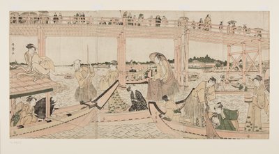Rybářské lodě se sítěmi pod mostem Rygoku (barevný dřevořez) od Kitagawa Utamaro