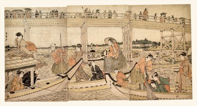 Rybářské lodě se sítěmi pod mostem Ryōgoku od Kitagawa Utamaro